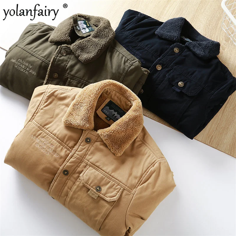 Winter Coat Mens Jacket Plush Thick Denim Men Casual Multi-pocket Clothes Male Autumn Lamb Cashmere Cotton