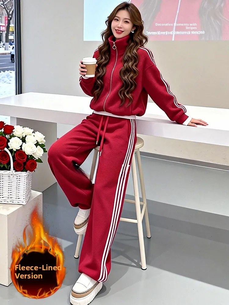 

Winter Casual Sportswear Set Women's Fleece Lined Trendy Red Jacket Top Wide Leg Pants Two Piece Set Comfortable High Waist