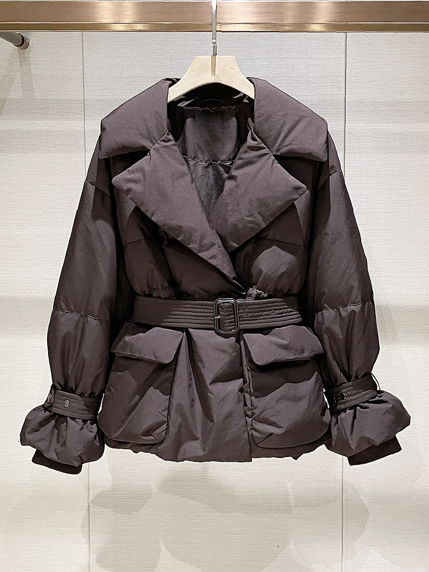 

Slimming Effect down Jaet Autumn Winter New Sle Women's Suit Collar Long Sve Waist Cinched Coffee Color Outerwear