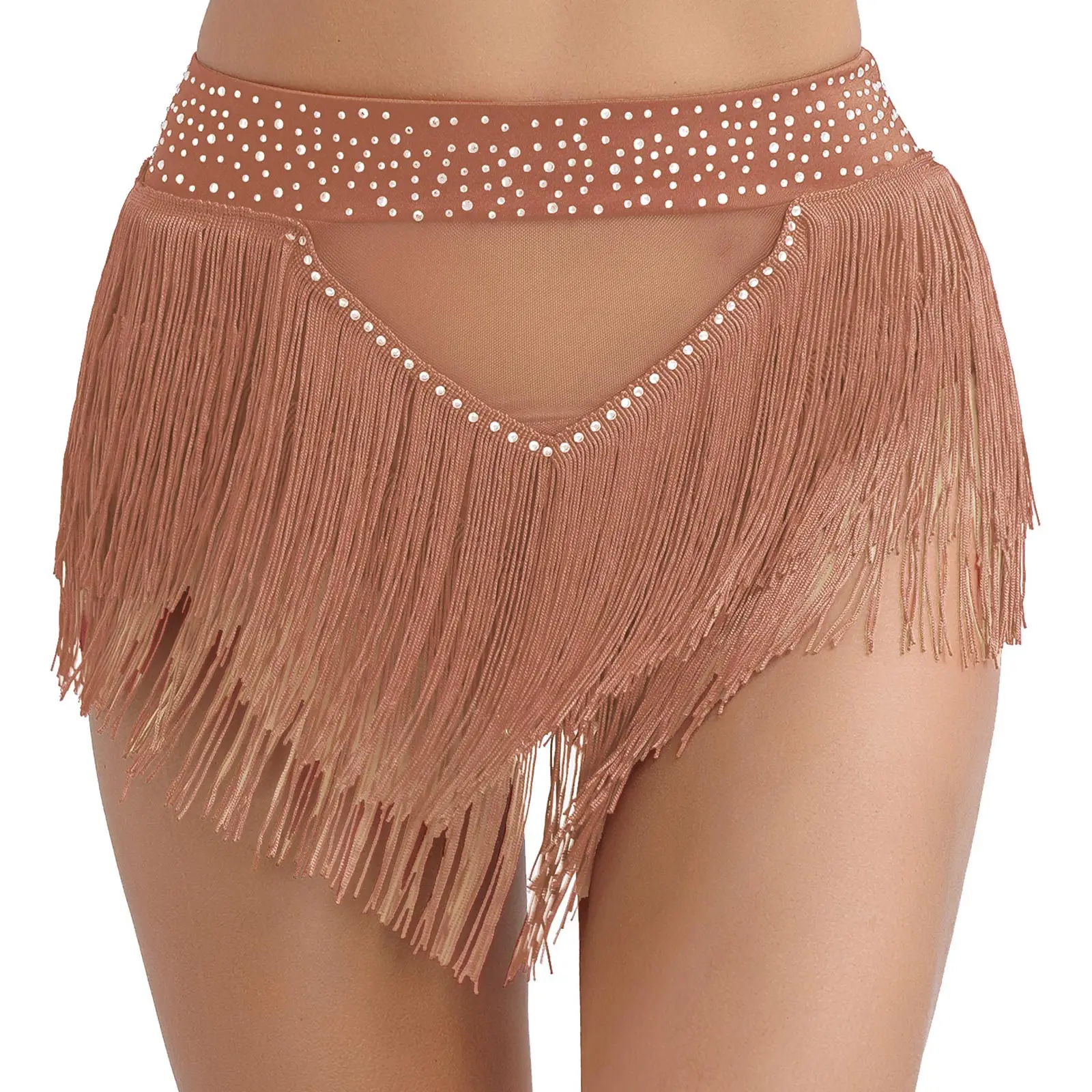 Womens Buikdans Kwastje Rokken Shorts Samba Latin Dancewear Hoge elastische doorzichtige mesh slips Glanzende strass bodems