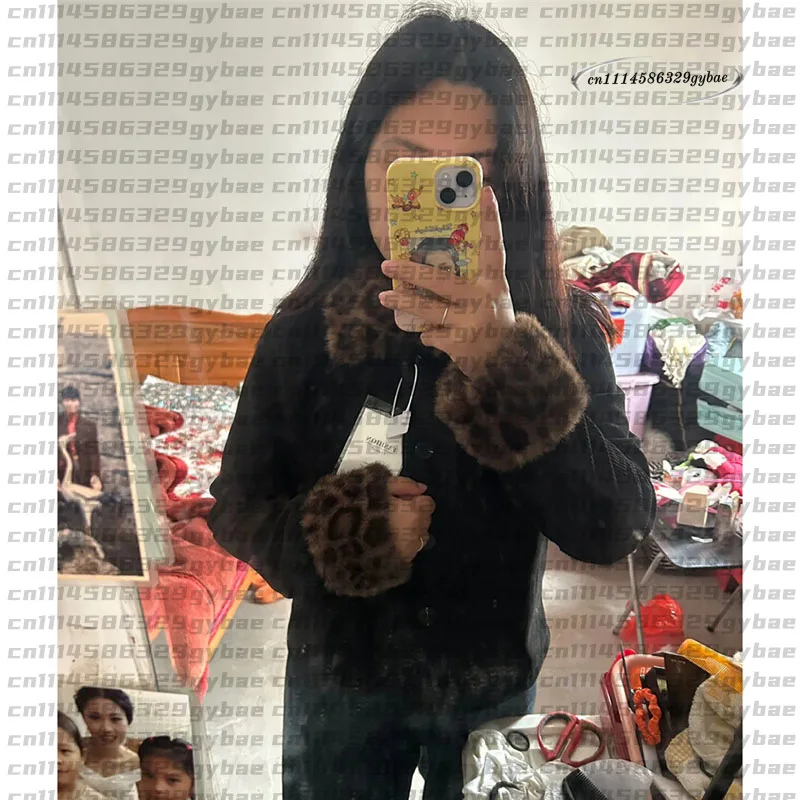 2026 Ladies Coat Jacket New Spring Autumn Short Jackets Korean Leopard Print Fur Collar Besign With Single Breasted Buckle Coats