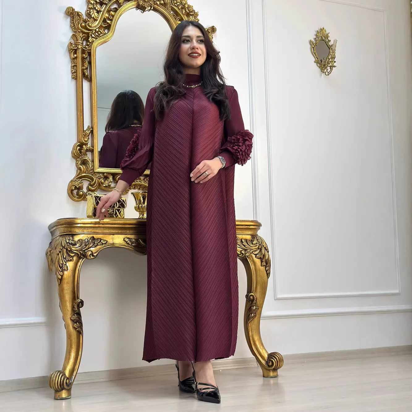 

Плиссированное платье Miyake Maxi с круглым вырезом и рукавами-грибок, комбинированное, для женщин, новая весенняя коллекция 2026
