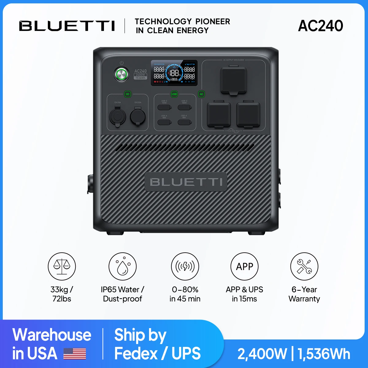 

[US Plug] BLUETTI AC240 2400W 1536Wh Portable Power Station Solar Generator Emergency Power for Camping RV Life Battery Backup