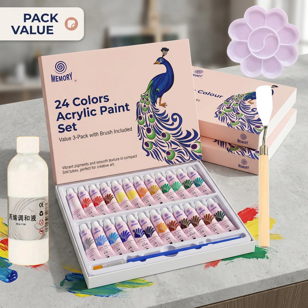 12/24 Colors 5ml Each Acrylic Painting Pigment Set with Scraper And Mixing Palette plus 100ml Blending Liquid for Students