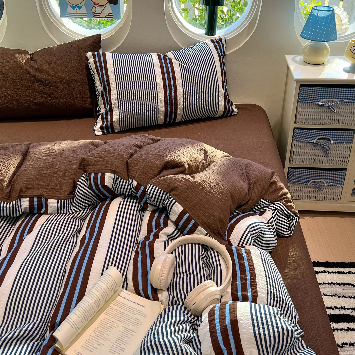 3/4PCS Blues Stripe Bedding Set Brown Duvet Cover Set Sheet Set Comfortable for Home Bedroom Decor New Year Christmas Gift