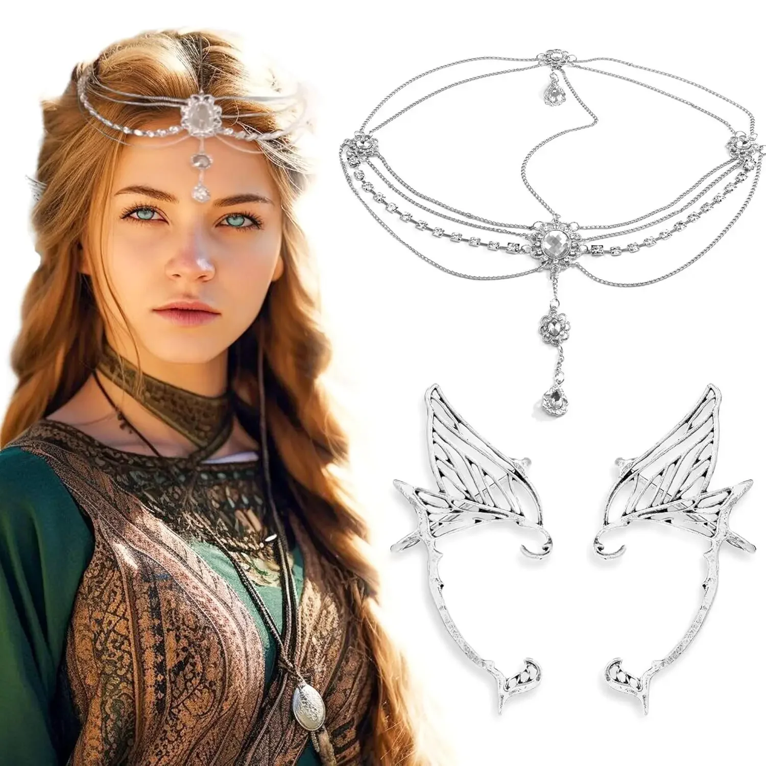 3-piece Fairy Style Trendy Elf Earcuff Earrings Rhinestone Head Chain Headband Set For Women's Cosplay Jewelry Accessories