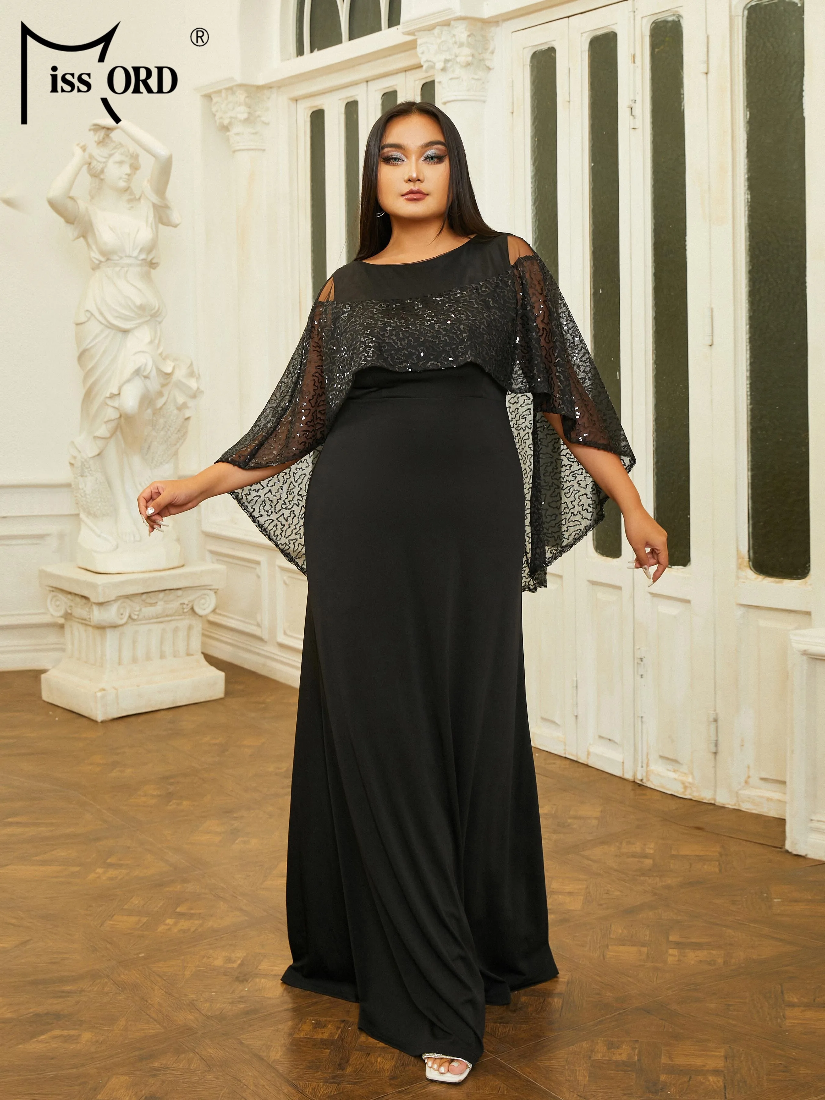 

Missord Plus Size New Round Neck Panel Batwing Sleeve Black A Line Evening Prom Party Dress