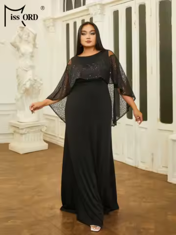 Missord Plus Size New Round Neck Panel Batwing Sleeve Black A Line Evening Prom Party Dress