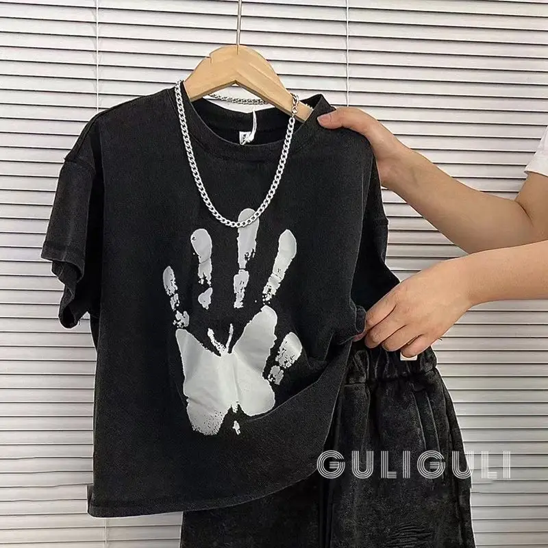 2025 Summer Children's New Vintage Washed Black Pure Cotton Short Sleeve Loose Handsome Baby Trendy Top