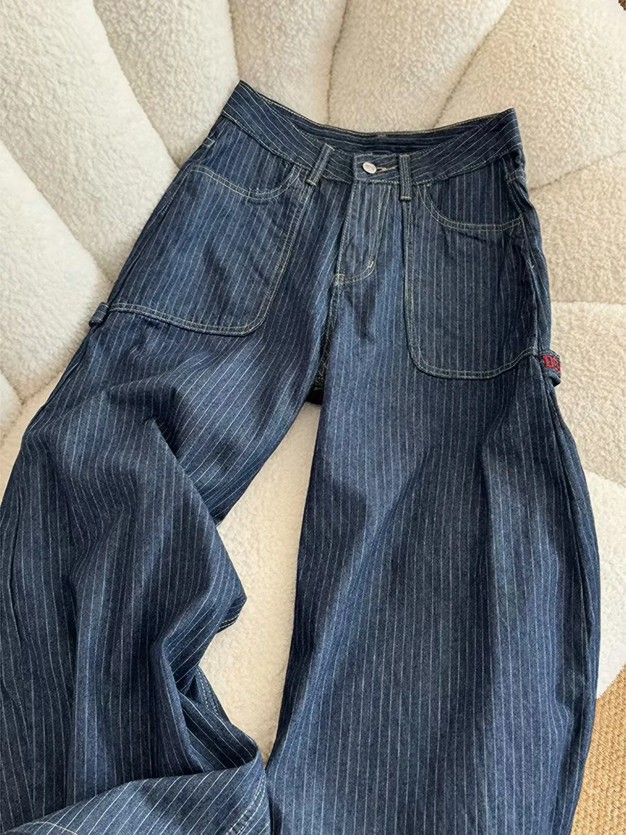 Deep Blue Vertical Stripe Knife  Jeans Loose Fit Men's Denim Pants Pear Shape Slimming Hiphop Workwear Trousers