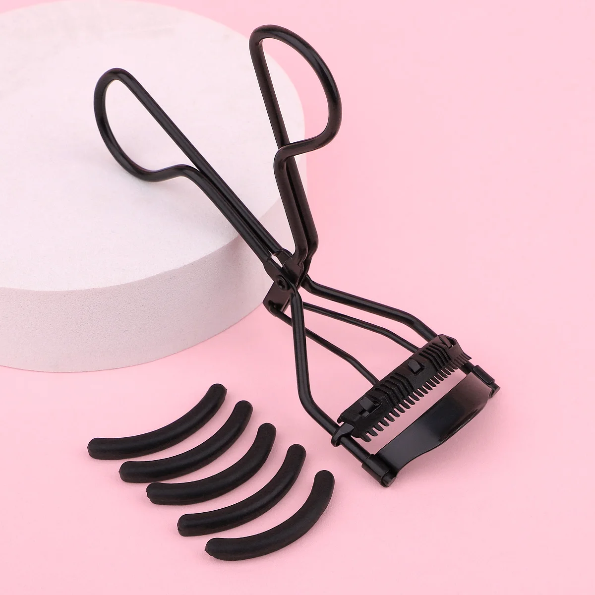 1 draagbare wimperkruller met 5 siliconen pads, roestvrijstalen wimperkruller, vormt permanent grote ogen.