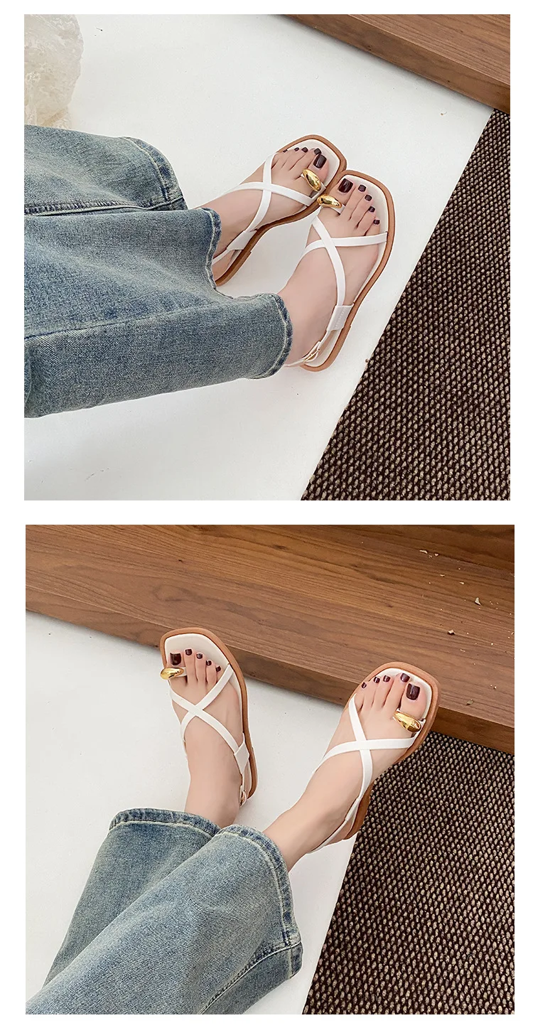 2026 Damen Sandalen mit flachem Absatz, Zehenclip, lässige Römersandalen, Sommer, schmaler Riemen, Knöchelschnalle, Strandschuhe für Damen – Detail 12