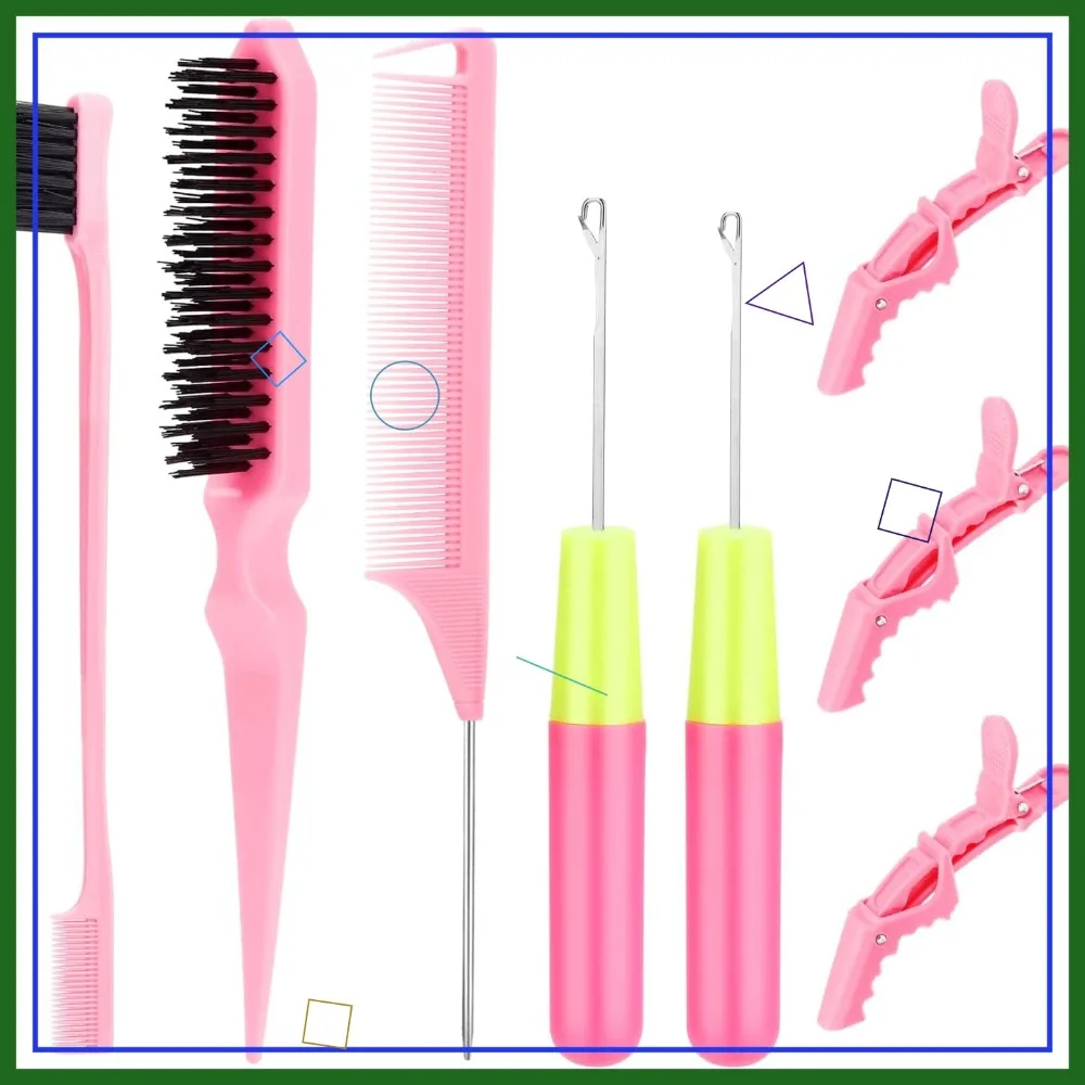 Hair Crochet Hooks Set - 2 Needles, Edge Brush, Bristle Brush, Rat Tail Comb, 3 Clips for Passion Twist Extensions
