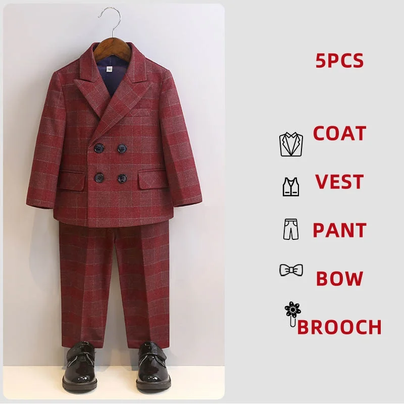 Spring Elegant Kids Boys Plaid Suits Set Kids Tuxedo for Boys Formal Boys Children Wedding Suit Kids Blazer Pants Bowtie Clothes