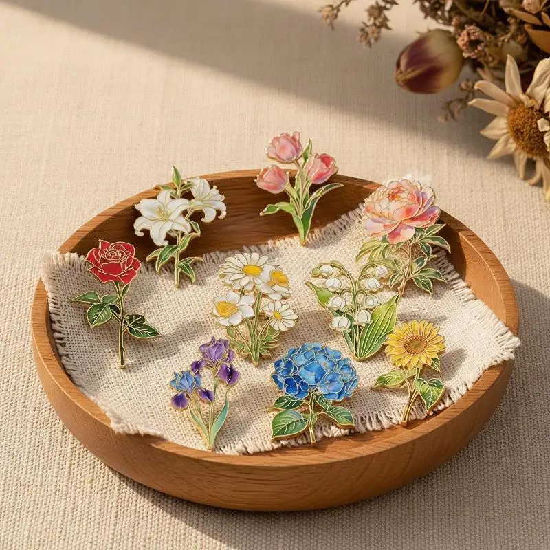 Decorative Flower Enamel Pins Lovely Orchid Tulip Lily Rose Metal Badge Fashion Pin for School Uniform Lapel