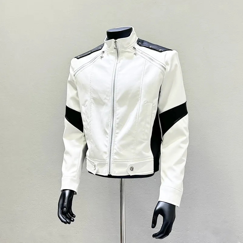 Men's Color Block PU Stand Collar Biker Jacket, Deconstructed Cropped Outerwear for Cocktail Events and Polished Nighttime Looks