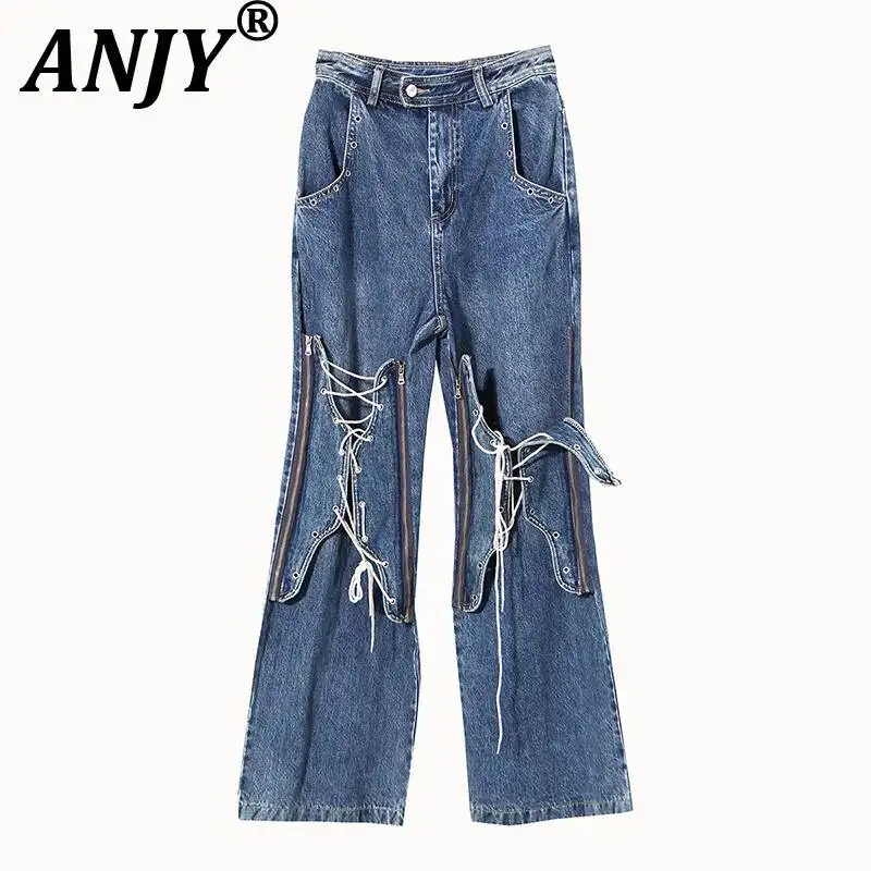

ANJY 2025 Spring Autumn New Women Fashion Tie Zipper Unique Niche Design Bootcut Jeans Streetwear Chic Casual Denim Pants A16478