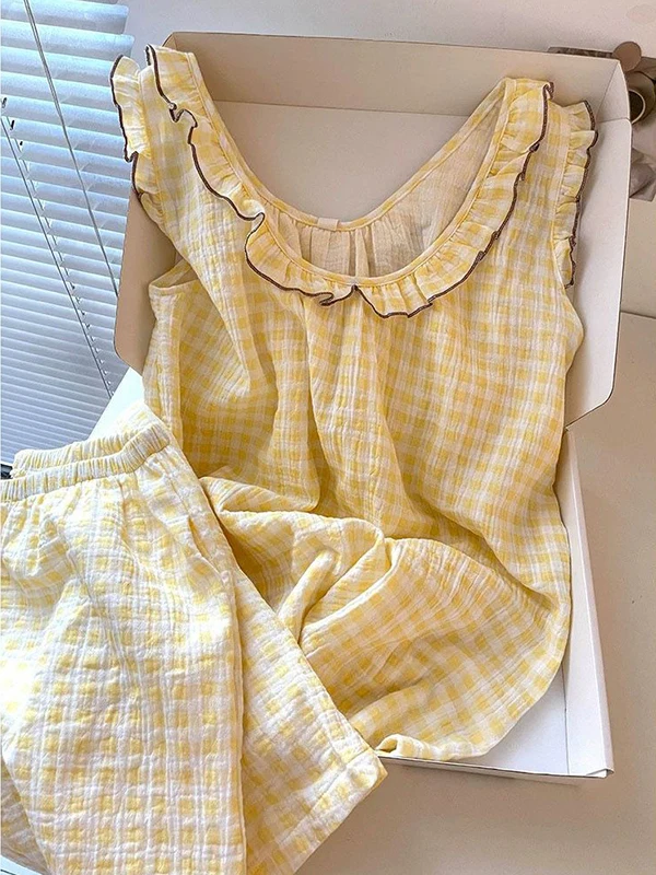 

Women's Casual Plaid Short Sleeve Sleepwear Set Sweet Loose Fit Outdoor Wearable Comfortable Home Clothes Summer Outfit