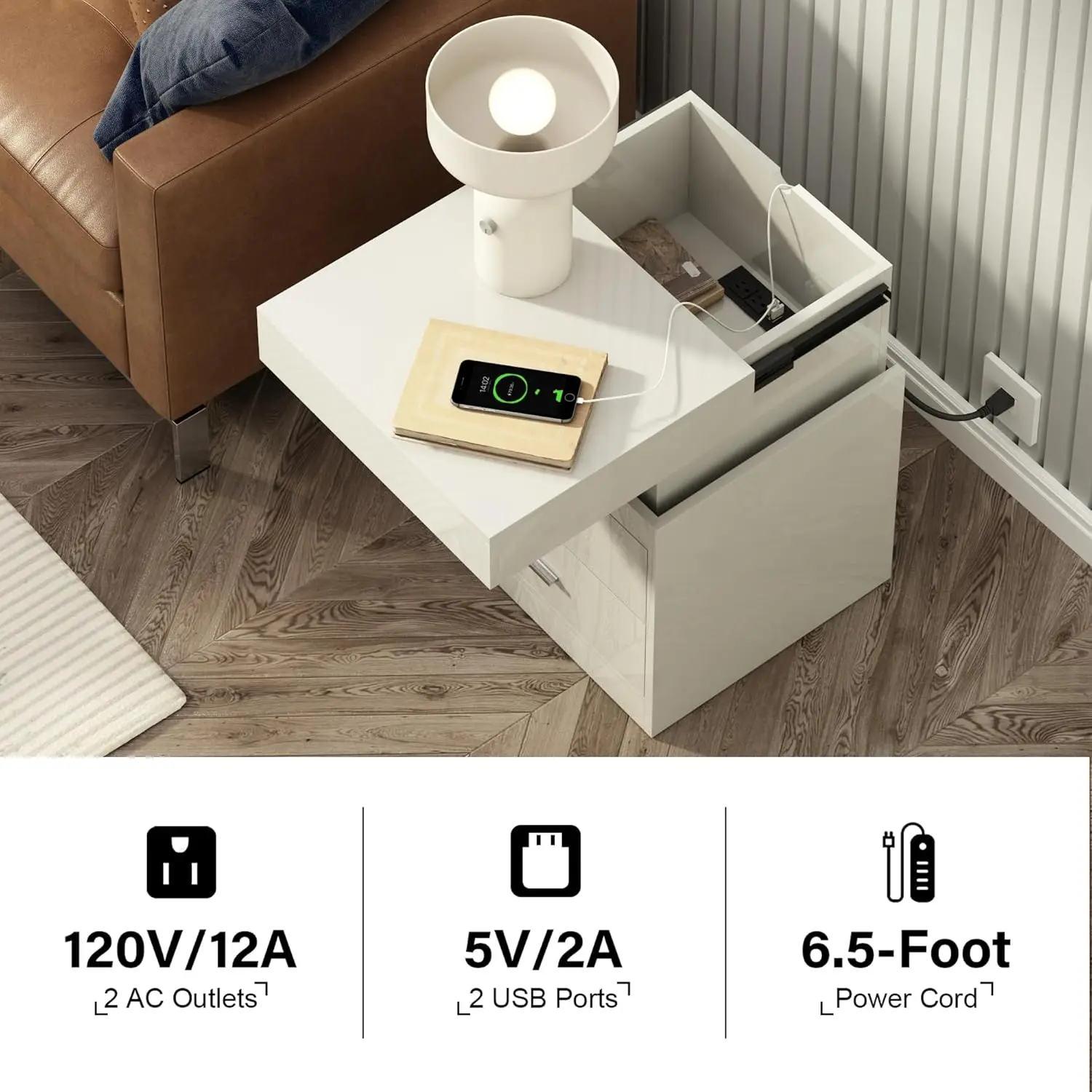 Nightstand with Charging Station, Smart Night Stand with Sliding Top Storage, 2-Drawers High Gloss Bedside Table, Modern End Tab