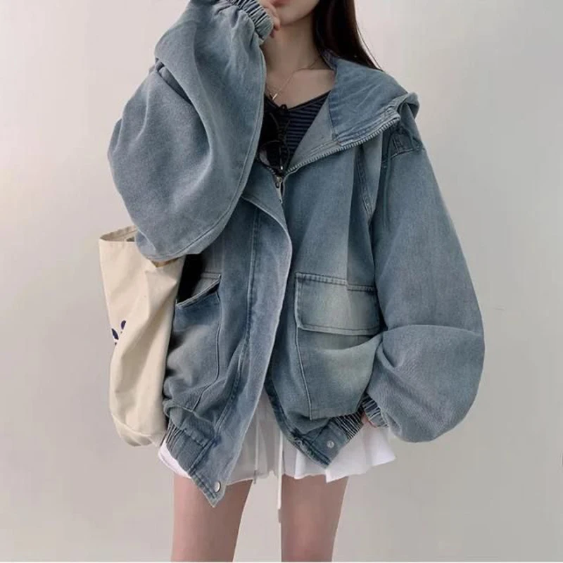Vintage Loose Denim Jacket Women Lazy Wind Casual Zipper Hooded Jacket Autumn Streetwear Retro All Match Gradient Outwear Tops