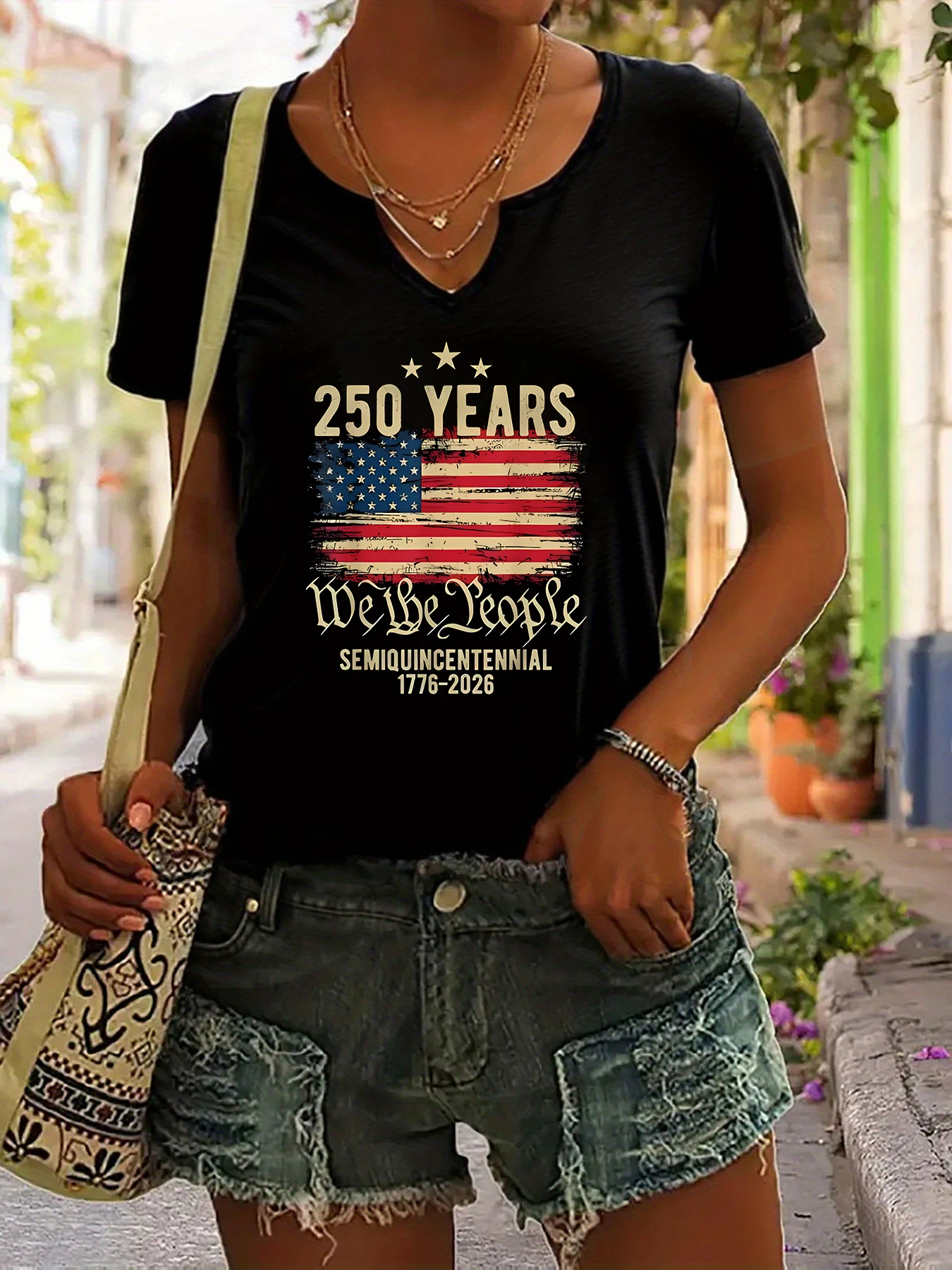 Women's Summer Crew Neck Short Sleeve T-Shirt, USA 250th Anniversary We The People Print, Patriotic 1776-2026 Graphic Casual Top