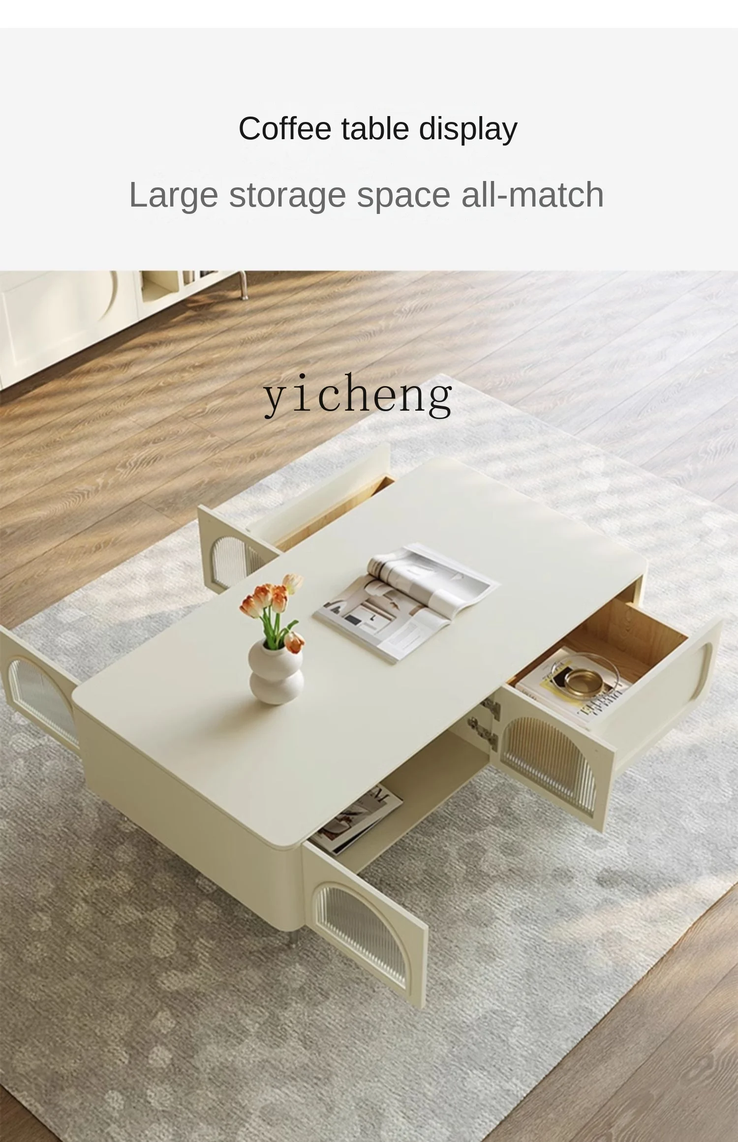 ZF TV Cabinet White Cream Style Living Room Home Tea Table Combination Storage Locker Small Apartment