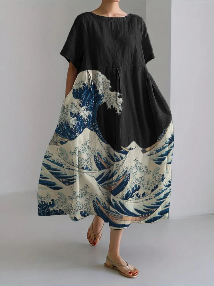 Summer Retro Japanese Dress Women's Casual Short-sleeved Extra-long Wave Dress Loose Round Neck High Waist Wide Hem Vest Dress