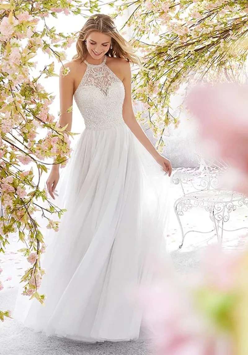 Женское кружевное свадебное платье, элегантное белое платье-футляр с лямкой на шее и вышивкой, свадебное платье