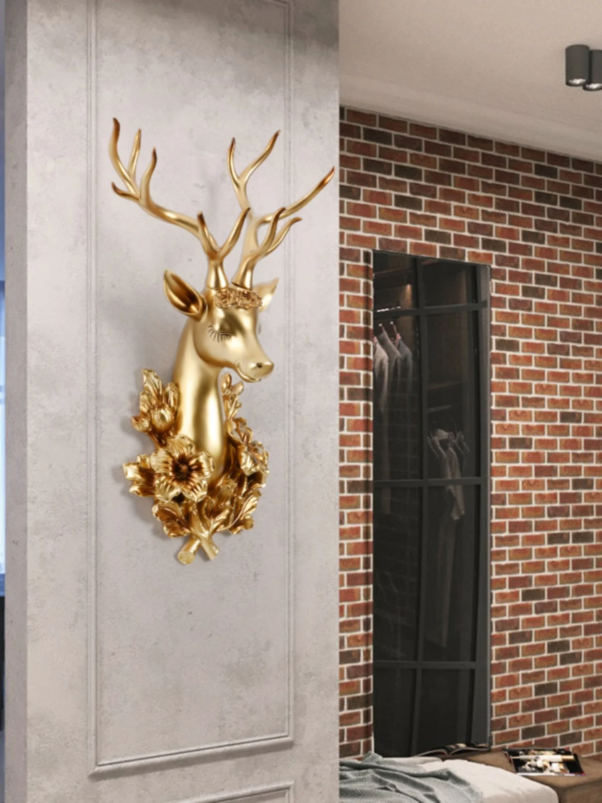 

Deer Head Wall Hanging Light Luxury Wealth Attraction Simulation Animal Head Decoration Living Room TV Wall, Entrance, Bar, Club