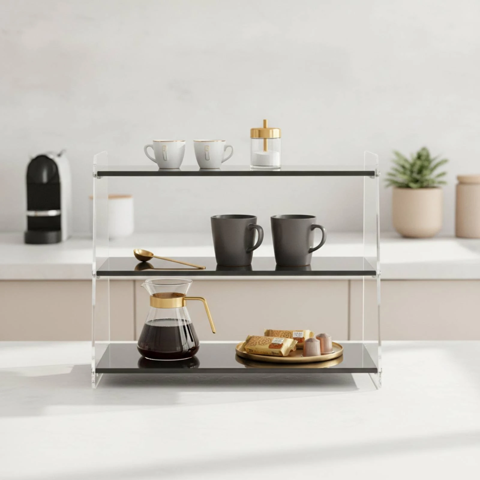 Mug Display Rack Clear Trapezoidal Desktop Rack Mug Display Stand Modern Cup Holder Sturdy for Coffee Lovers, Kitchen Counter