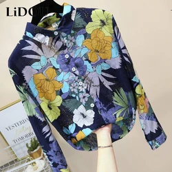 Camisa estampada floral de linho de algodão feminina, blusa feminina, casual, solta, combina com tudo, top confortável, primavera, outono