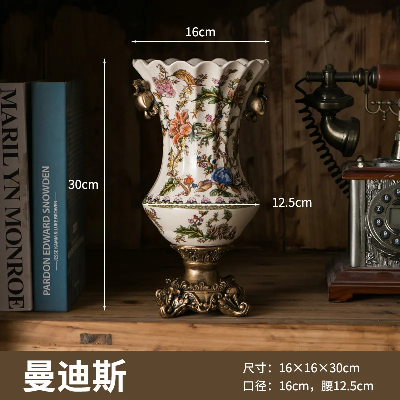 Free shipping American retro ice-crack ceramic vase, creative home decor ornament, European-style double-ear tall stem vase
