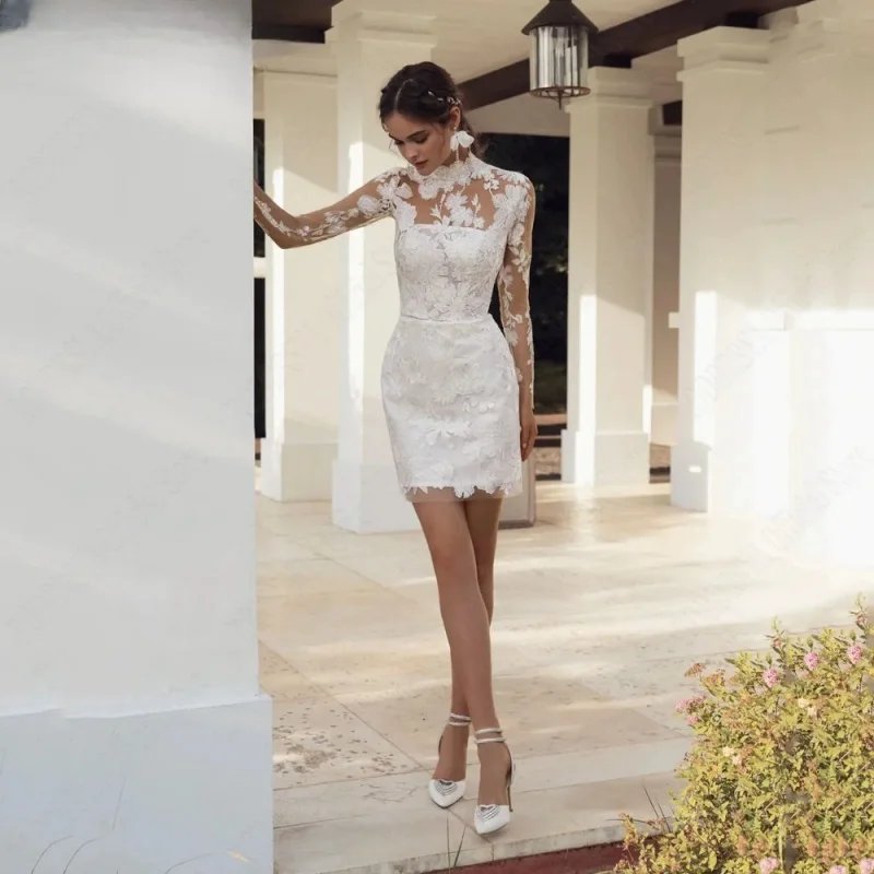 Wykwintna suknia ślubna z długimi rękawami, wysokim dekoltem, odpinanym trenem, linia A, tiulowa aplikacja, suknia ślubna vestido de noiva, szyta na miarę.