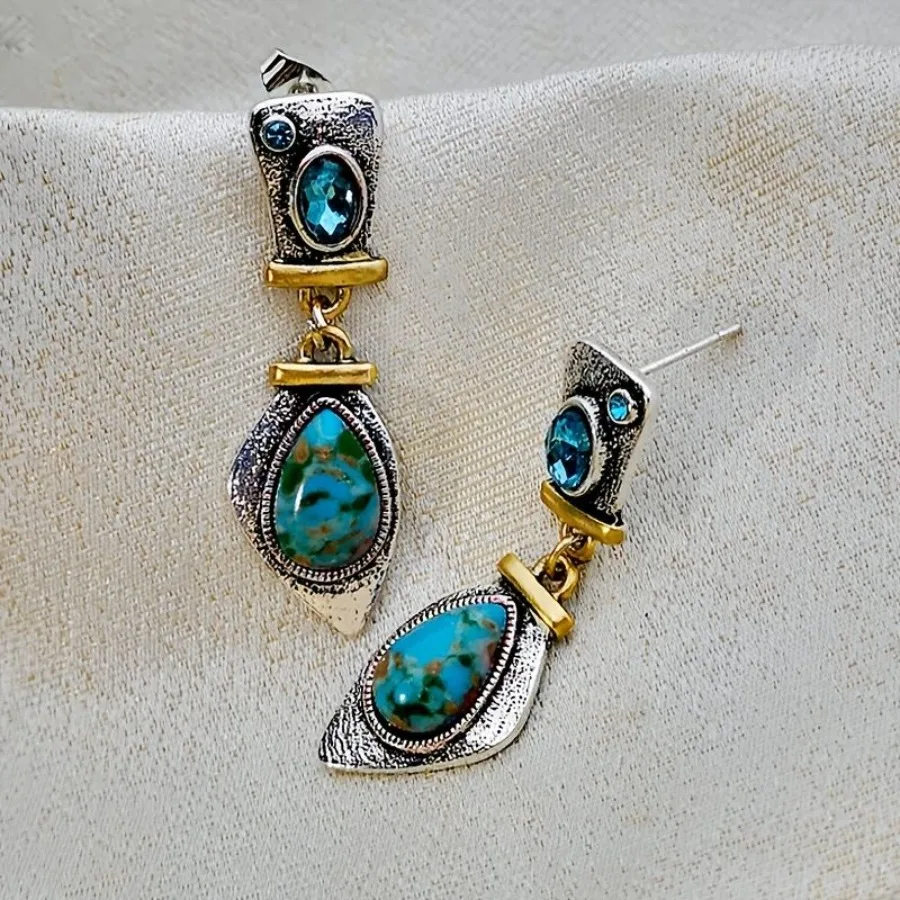 Boucles d'oreilles de luxe en argent antique, Turquoise colorée, bijoux d'oreille plaqués argent 925 haut de gamme