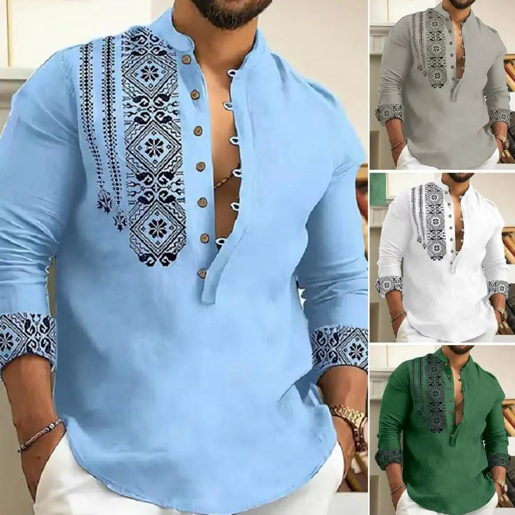 Ethnic Style Men Fall Spring Shirt Vintage Print Half Single-breasted Men Shirt Slim Fit Soft Breathable Men Casual Office Top