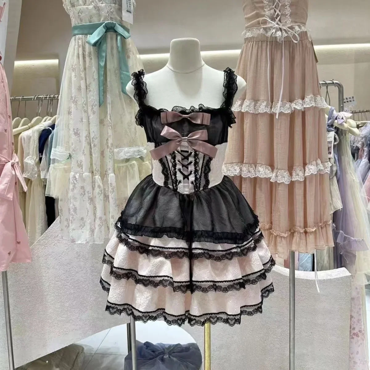 Gaun Jsk Lolita manis Jepang gaun tali putri ikatan simpul renda elegan Vintage wanita Kawaii baju Harajuku Y2k Hot Sellin