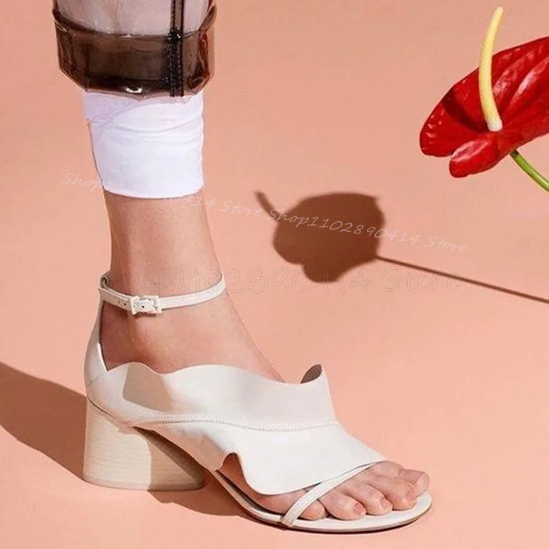 

White Pleated Falbala Dessign Open Toe Sandals Ankle Buckle Strap Women Shoes Chunky High Heels Fashion 2024 Zapatos Para Mujere