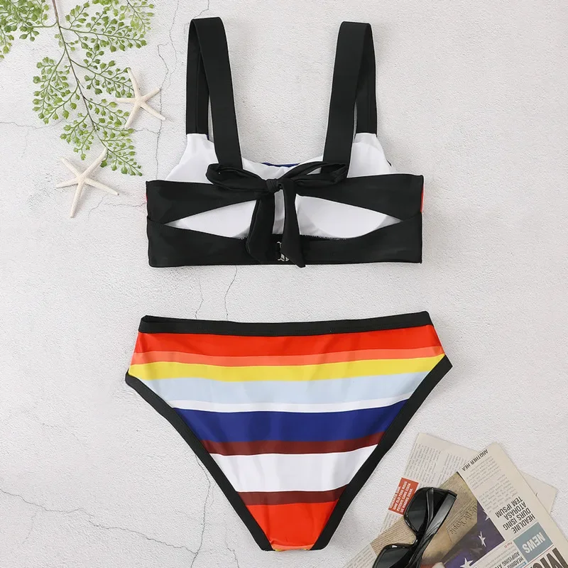 Maillot de bain sexy à rayures arc-en-ciel pour femmes, bikini push-up, vêtements de plage