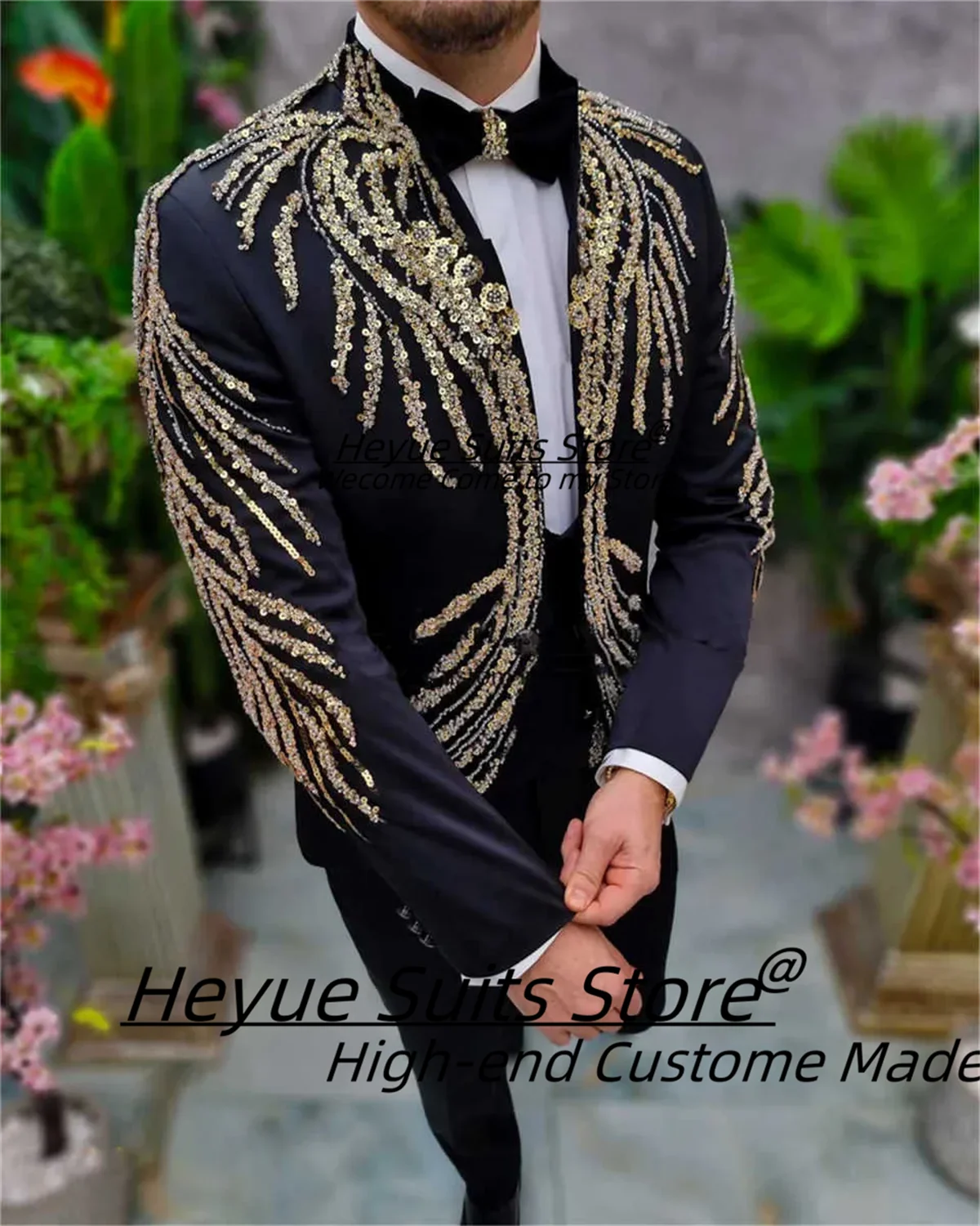 

Sparkly Sequins Wedding Tuxedos 2 Piece Set Jacket Pants One Button Men Suit Trim Fit Groom Wear Evening Suits Customized Size