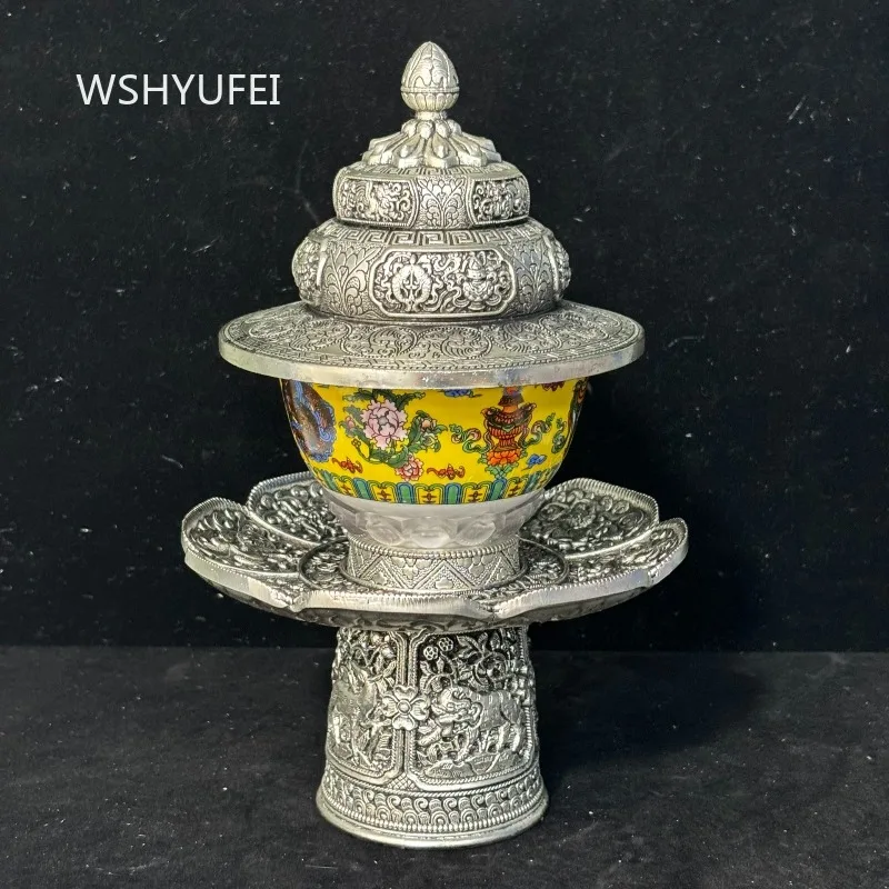 1 Alloy Tantric Holy Water Cup Bagua Porcelain Bowl Tibetan Altar Desktop Decoration Buddhist Tea Rack