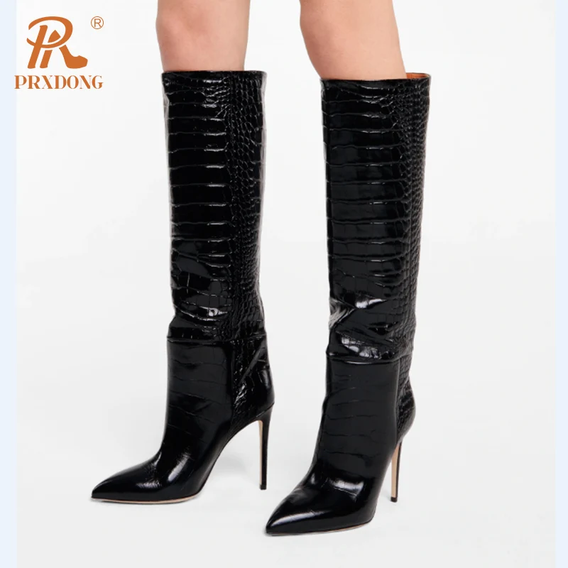 PRXDONG INS New Sexy High thin Heels Pointed Toe Autumn Winter Warm Knee High Boots Black Brown Dress Party Female Long Boots 39