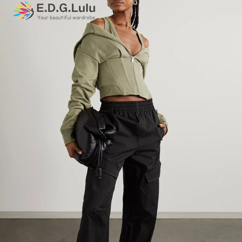 

EDGLuLu Off Shoulder Long Sleeved Short Hoodie Leisure Street Sweatshirt Design Waist Cinching Slimming Green Black Hoodie 0322