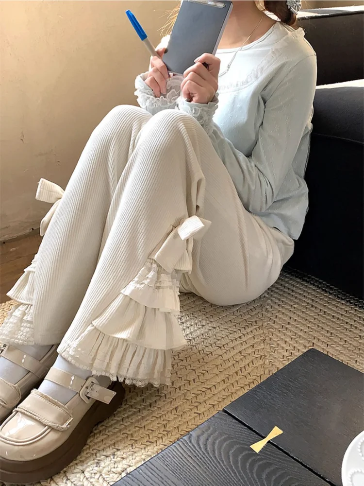 

Sweet Lolita Style Corduroy Pants Women Vintage Kawaii Bow Lace Ruffles Flared Pants Female Korean Elegant Casual Fairy Trousers