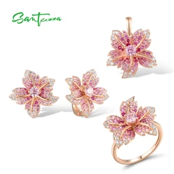 SANTUZZA Jewelry Set For Women Real 925 Sterling Silver Blue Pink Stone Lily Flower Pendant Earrings Ring Gorgeous Fine Jewelry