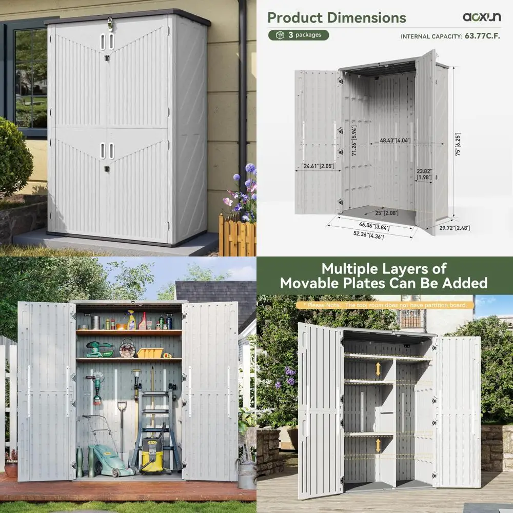 64 Cubic Feet Vertical Outdoor Storage Shed with Floor, Waterproof Cabinet for Garage