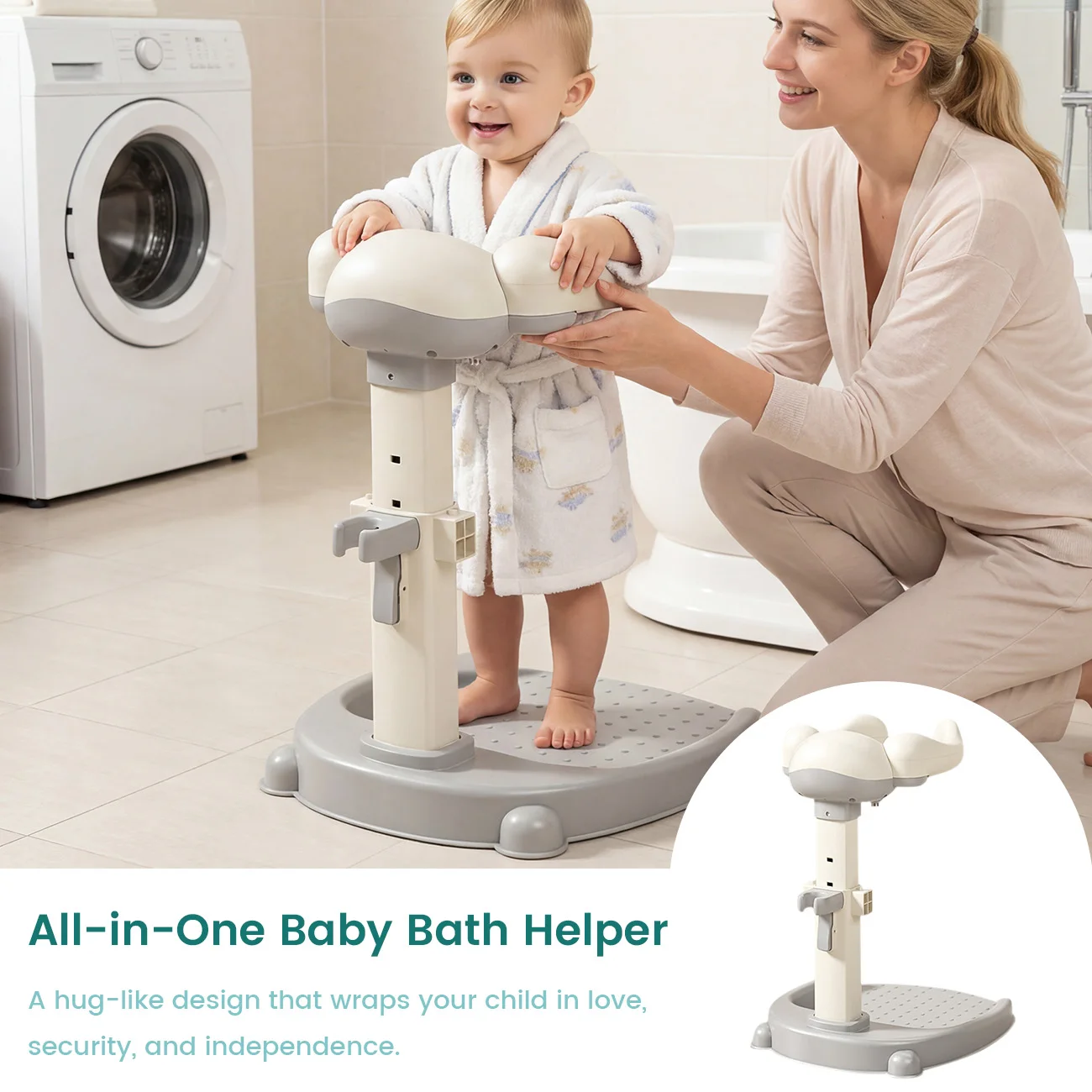 Baby Bath Stand with Hug-Like Design, Height Adjustable Toddler Bath Helper, Anti-Slip Shower Support for Front & Back Wash