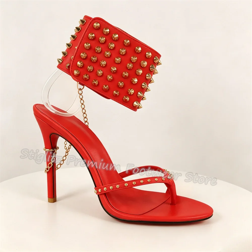 Sexy Open Toe Stiletto High Heel Flip Flops Sandals Punk Rivet Narrow Band Ankle Cuff Chain Detail Sandals Party Dress Pumps