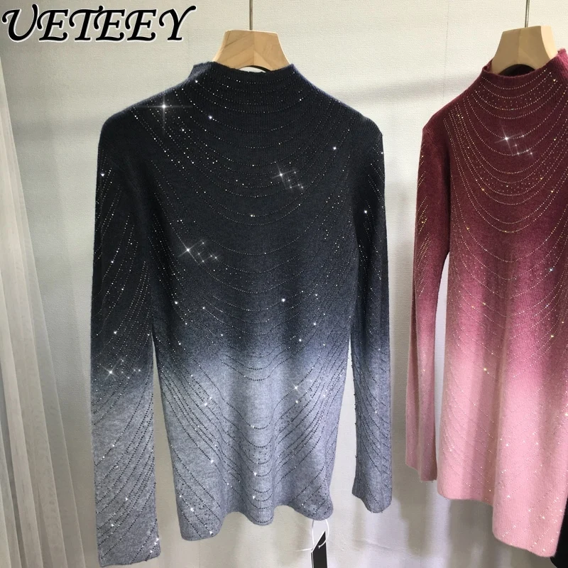 

Heavy-duty Rhinestone Semi-high Collar Sweater for Women Autumn Winter Gradient Slimming Knitted Base Shirt Long-sleeve Sweater