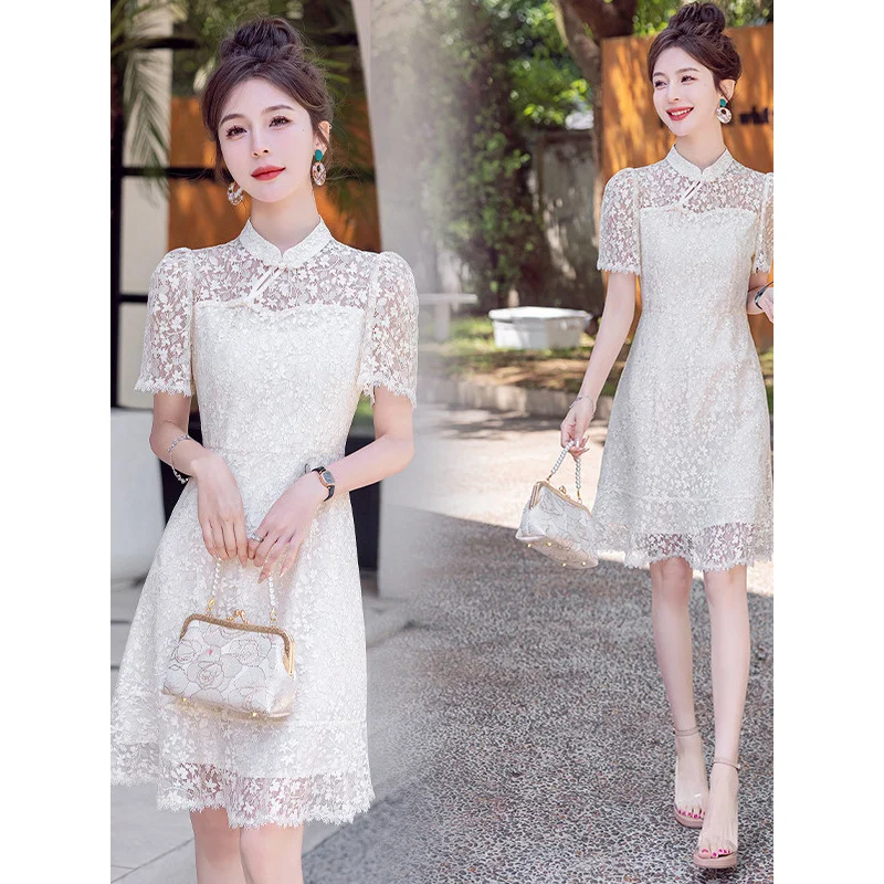 2024 Summer Women's New Chinese Style Retro Lace Improved Cheongsam Slim Fit Slimming and Fashionable Dress