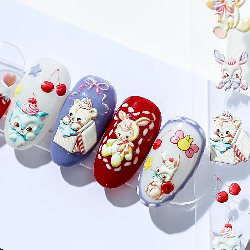 5D Lovely Cake Bear Rabbit Cartoon Soft Reliefs Self Adhesive Nail Art Decoration Stickers 3D Nail Decals Wholesale Dropshipping